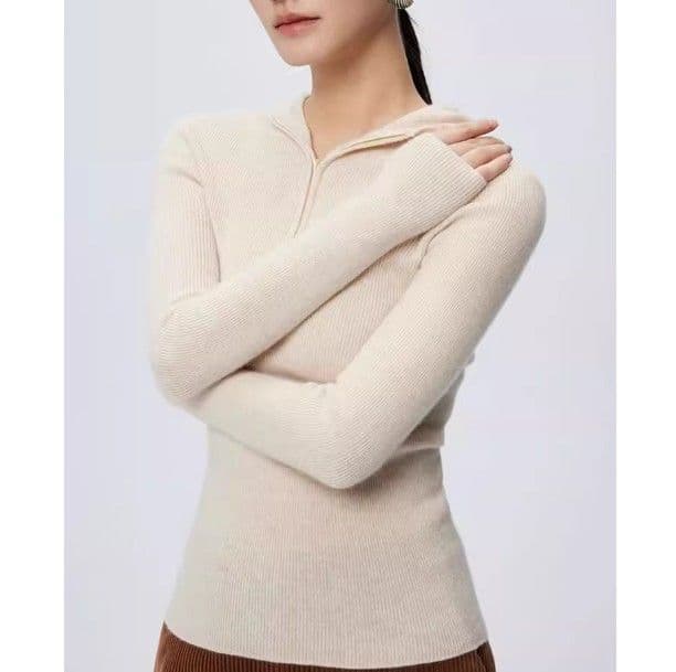 イエベ春/イエベ秋服　フード付きハーフジップリブニットトップス