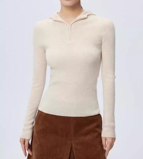 イエベ春/イエベ秋服　フード付きハーフジップリブニットトップス