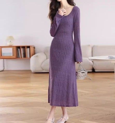 イエベ春/イエベ秋服　ケーブル編みニット長袖ミディ丈ワンピース