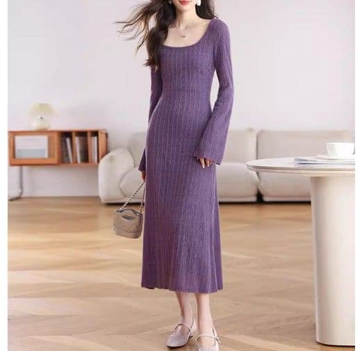 イエベ春/イエベ秋服　ケーブル編みニット長袖ミディ丈ワンピース