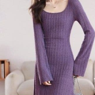 イエベ春/イエベ秋服　ケーブル編みニット長袖ミディ丈ワンピース