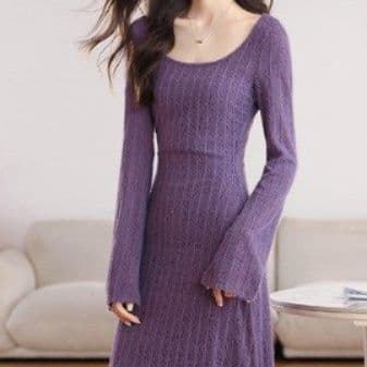 イエベ春/イエベ秋服　ケーブル編みニット長袖ミディ丈ワンピース