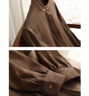 イエベ春/イエベ秋服　バンドカラー共布リボンベルト付き長袖膝丈ワンピース