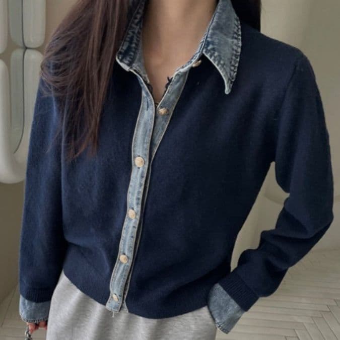 イエベ春/イエベ秋服　配色デニム襟ニットカーディガンシャツ