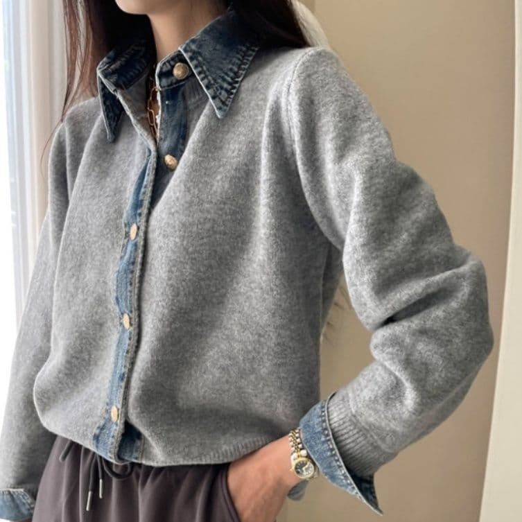イエベ春/イエベ秋服　配色デニム襟ニットカーディガンシャツ