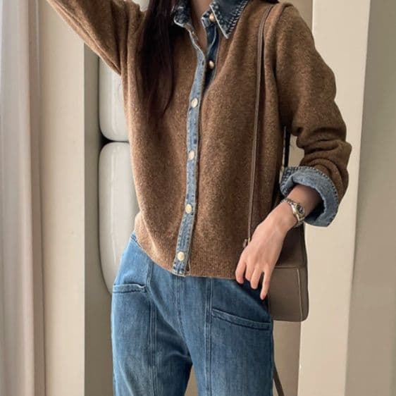 イエベ春/イエベ秋服　配色デニム襟ニットカーディガンシャツ