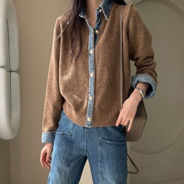 イエベ春/イエベ秋服　配色デニム襟ニットカーディガンシャツ