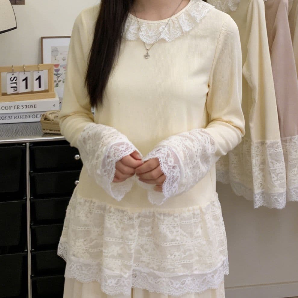 イエベ春服　レース切り替え長袖ティーシャツ女性らしいトップス
