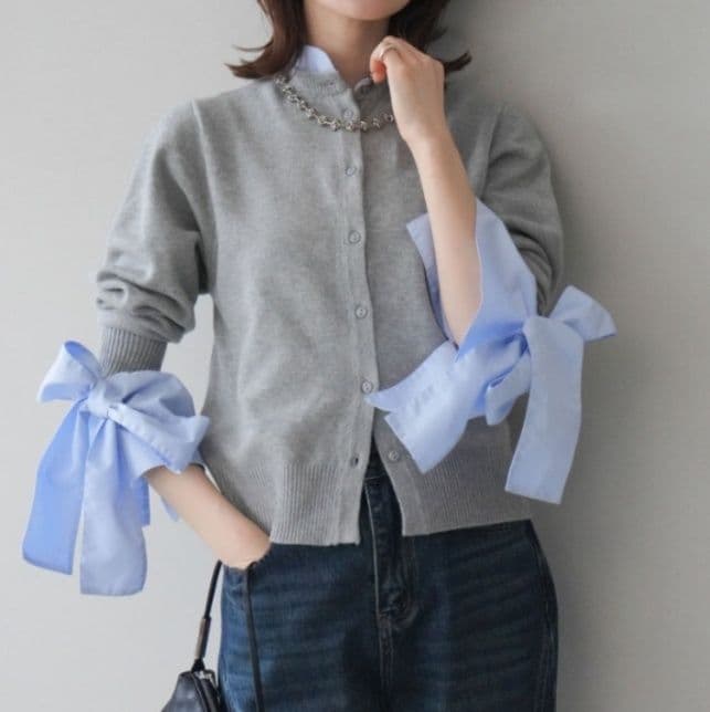 イエベ春服　リボン切り替えニットカーディガン重ね着風