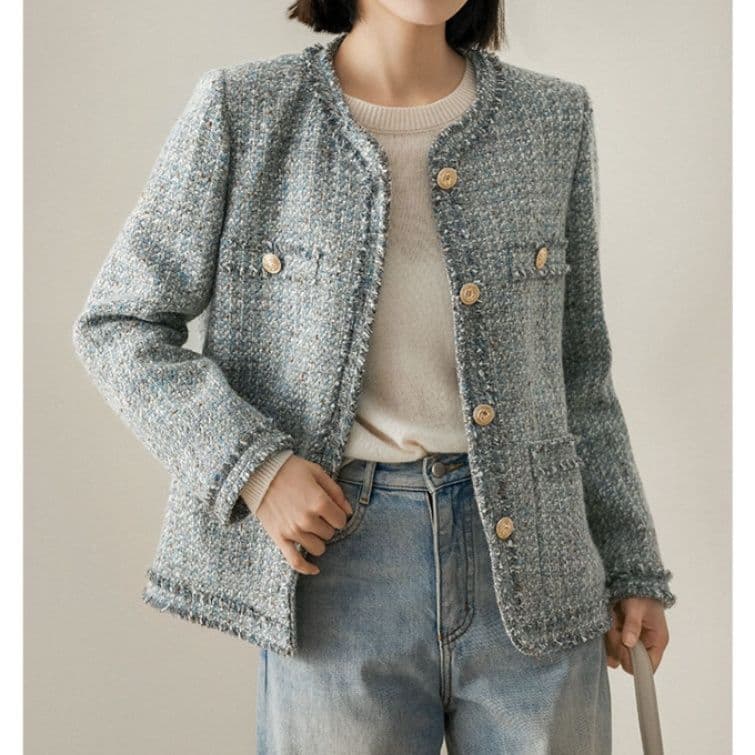上品ツイード調ノーカラージャケット