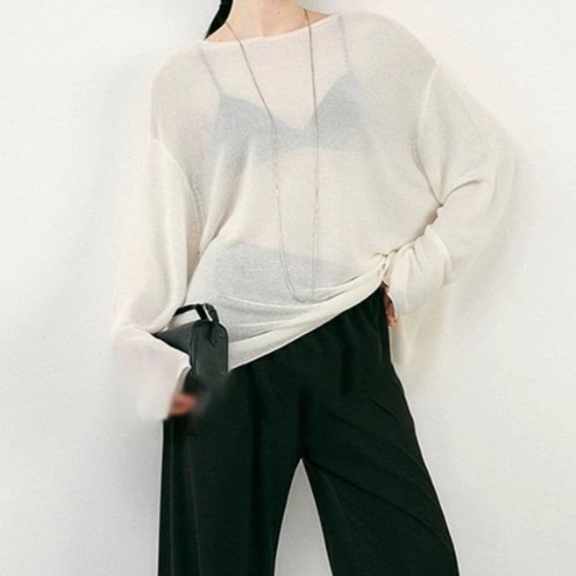 イエベ春/イエベ秋服　ゆったりボートネックドルマンスリーブニット