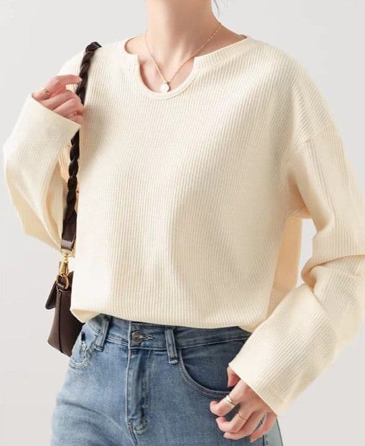 イエベ春服　立体リブ編みゆったりブイネックニットトップス