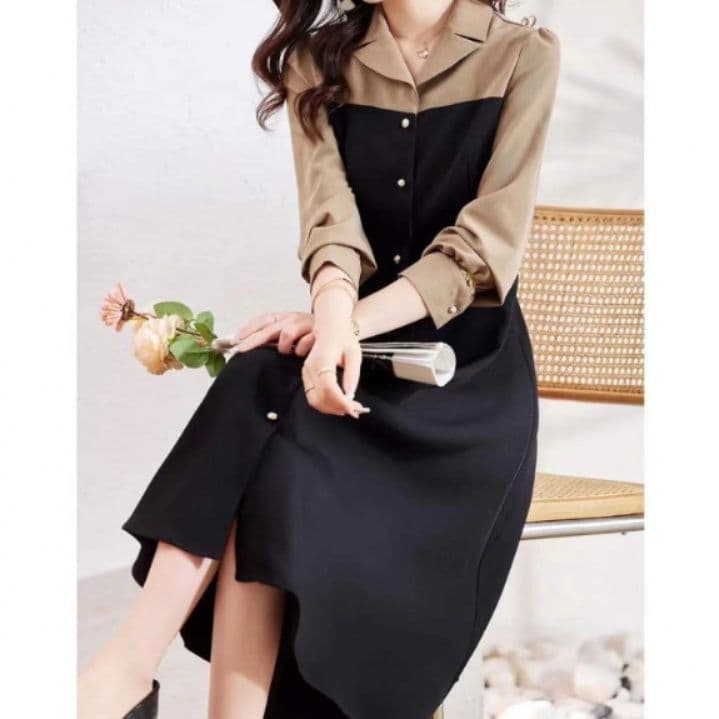 イエベ秋服　　 配色切替襟付きフレア膝丈ワンピース