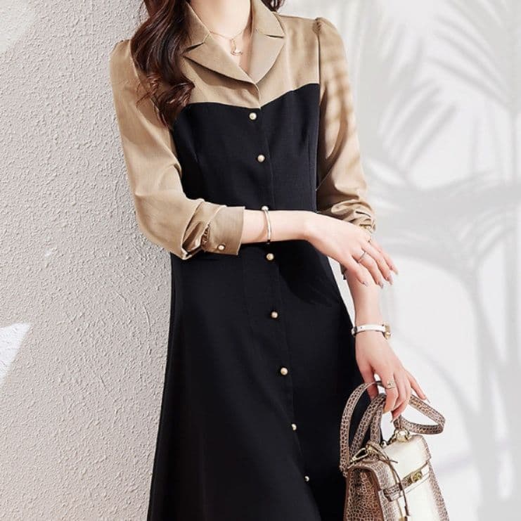 イエベ秋服　　 配色切替襟付きフレア膝丈ワンピース