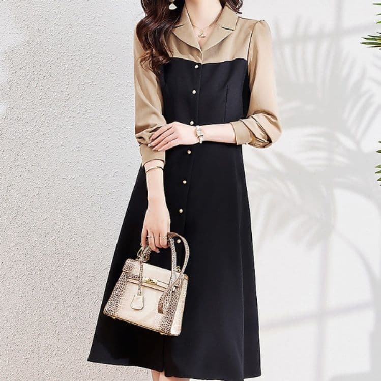 イエベ秋服　　 配色切替襟付きフレア膝丈ワンピース