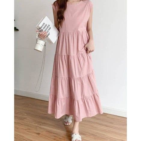 イエベ春服　ティアードフリルノースリーブマキシ丈ワンピース