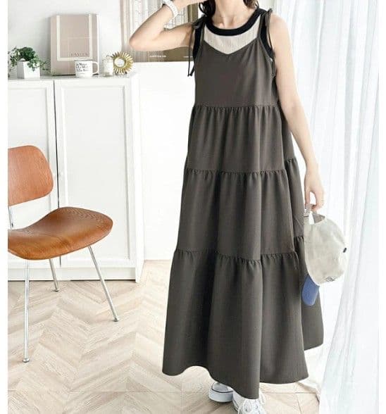 イエベ春/イエベ秋服　肩リボン付きティアードキャミソールワンピース