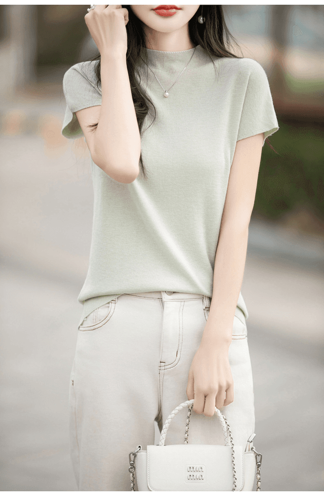 イエベ春/イエベ秋服　細見えニット上品モックネックブラウス