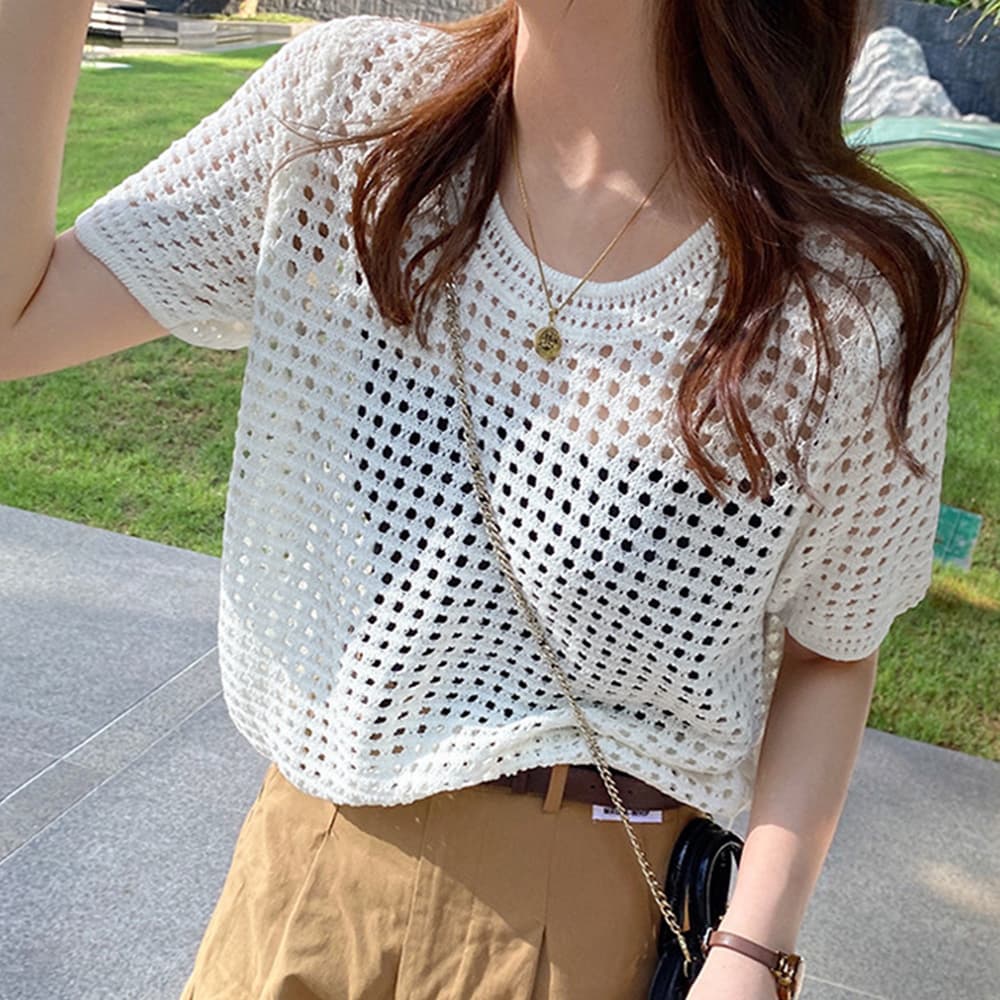 イエベ春/イエベ秋服　透かし編みニット レディースTシャツ