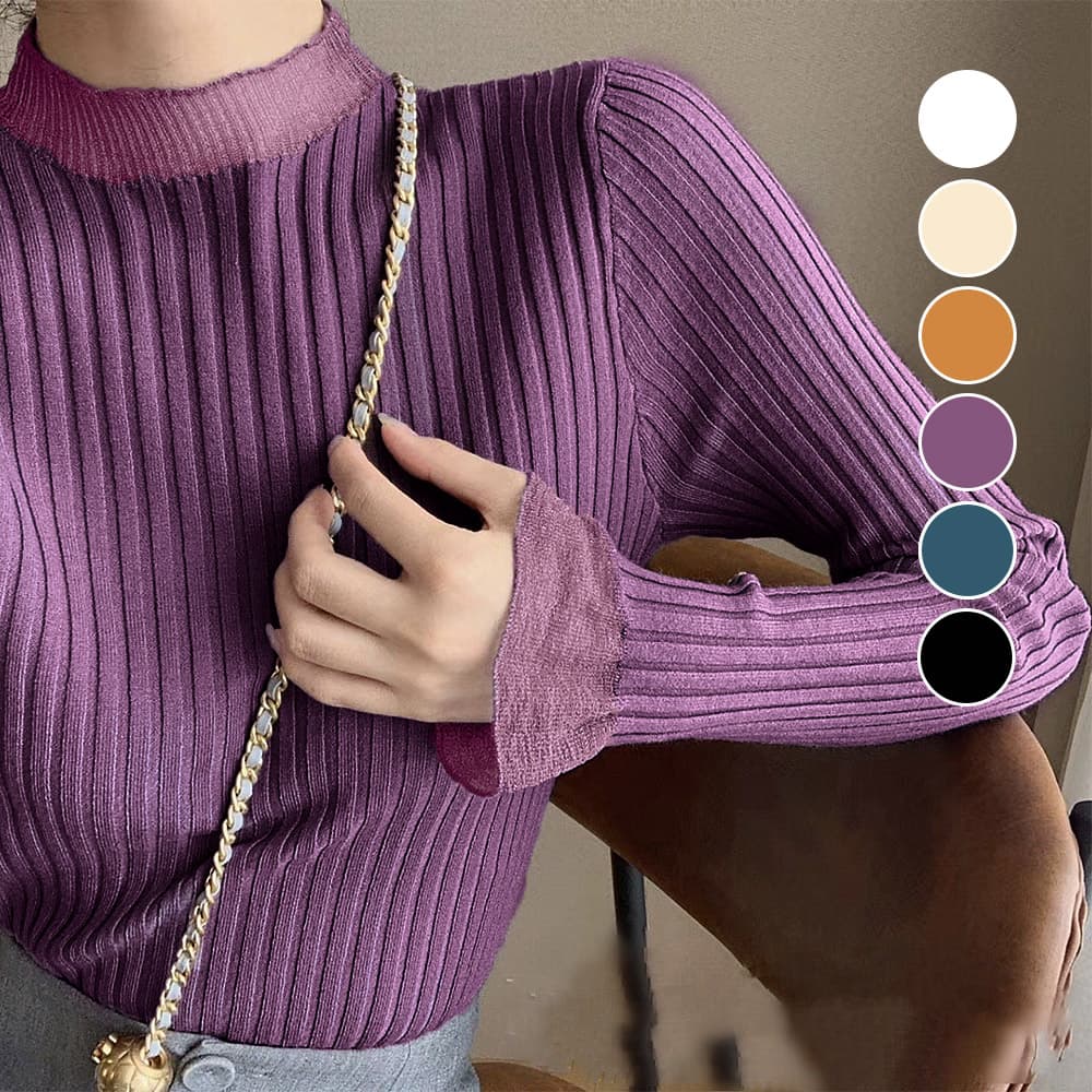 イエベ春/イエベ秋服　袖レース付きリブニット長袖セーター女性用