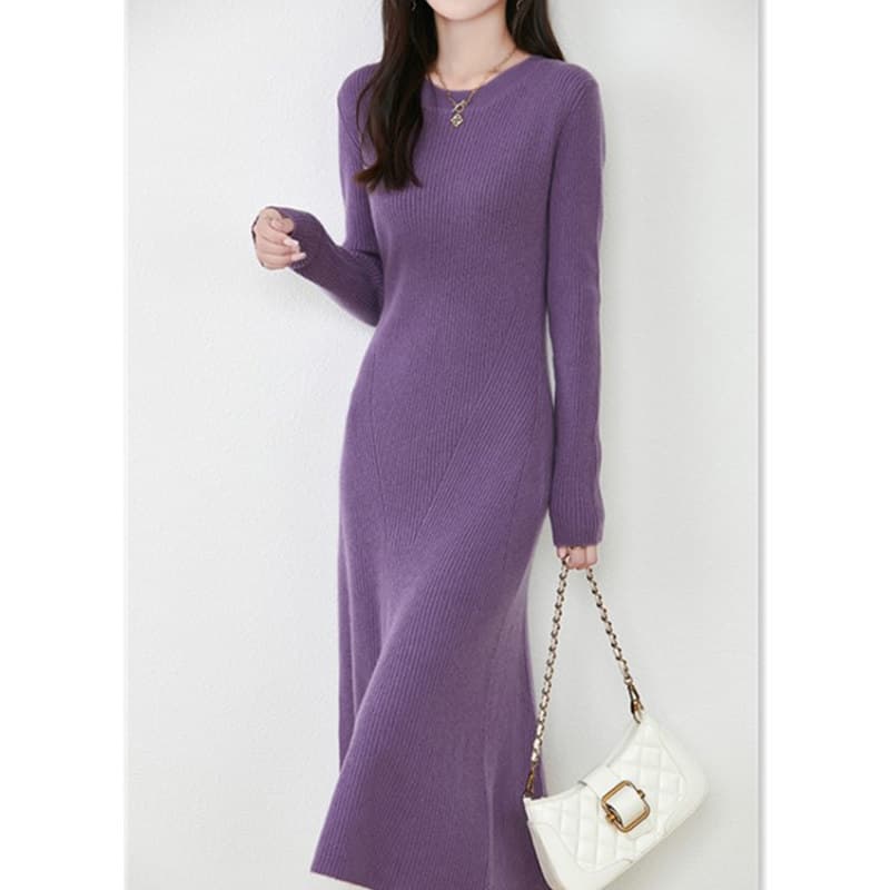 イエベ春/イエベ秋服　リブ編み長袖ニットワンピース膝丈裾フレア