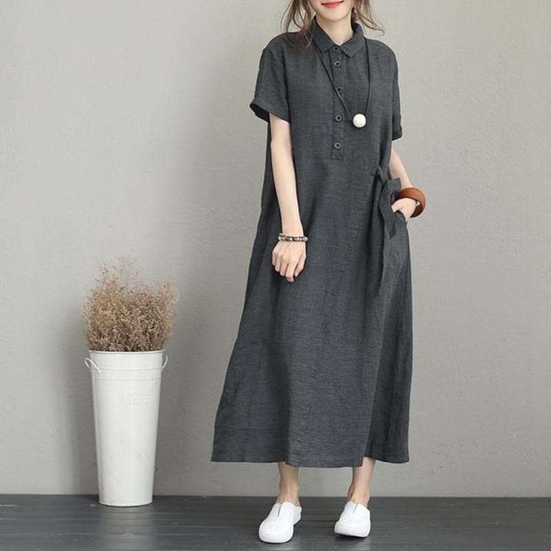 イエベ秋服　ナチュラルリネン調襟付き半袖ロングシャツワンピース