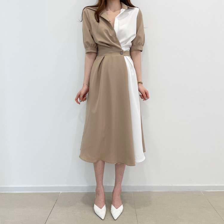 イエベ春/イエベ秋服　ドレープ切替ベルテッドワンピース