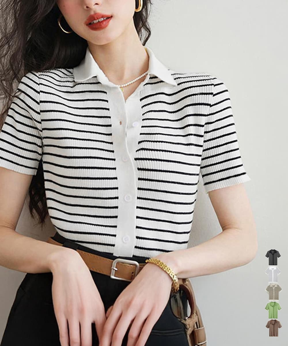 イエベ春/イエベ秋服　洗練ボーダー柄ニットポロシャツ 半袖ブラウス