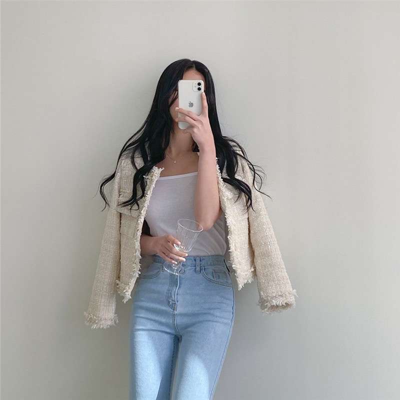 イエベ春/イエベ秋服　ツイード風フリンジトリムジャケット