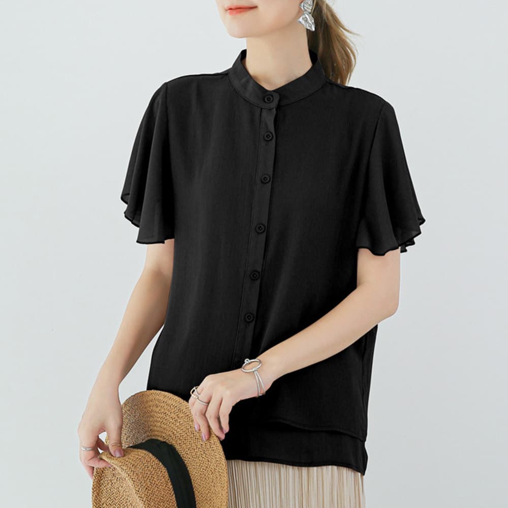 イエベ春/イエベ秋服　フレア袖 バンドカラーシャツブラウス