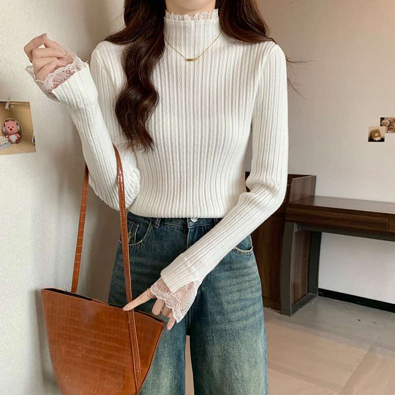 イエベ春/イエベ秋服　レース袖リブニットトップス
