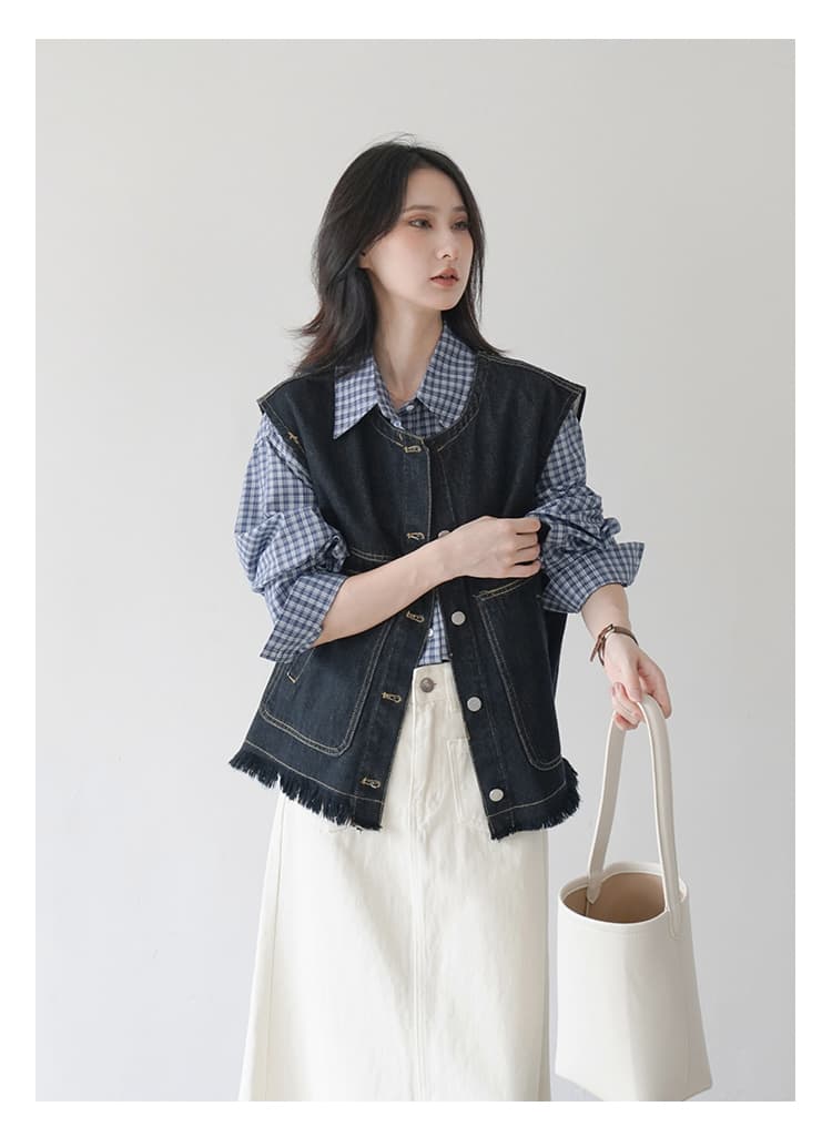 イエベ秋服　断ち切りフリンジ デニムベスト
