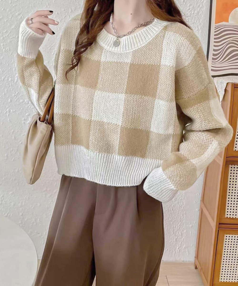 イエベ春/イエベ秋服　ブロックチェック柄ショート丈ニット
