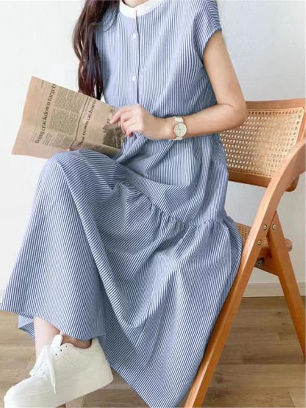 イエベ春/イエベ秋服　爽やか縦縞ティアードワンピース