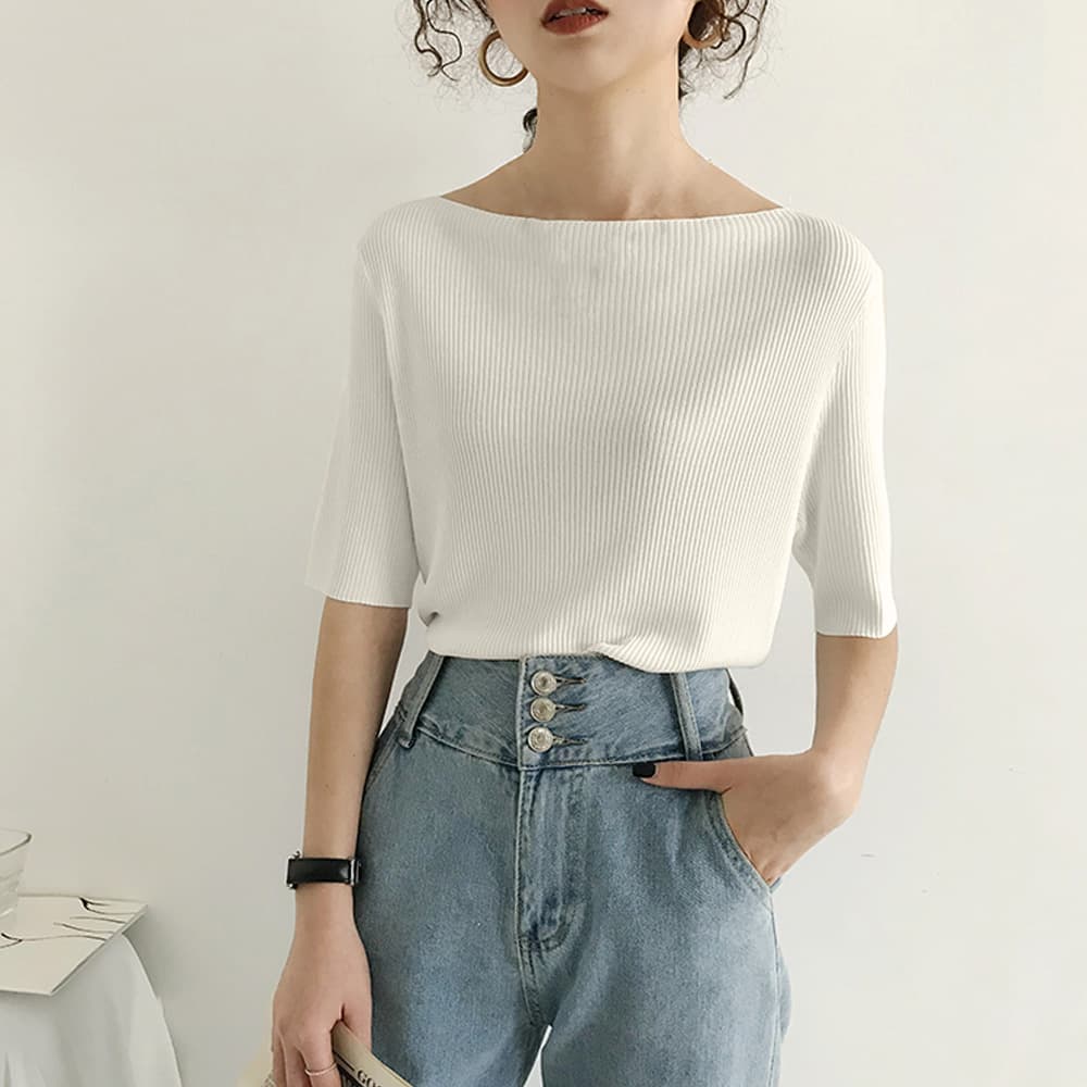 イエベ春/イエベ秋服　リブニット ボートネック Tシャツ