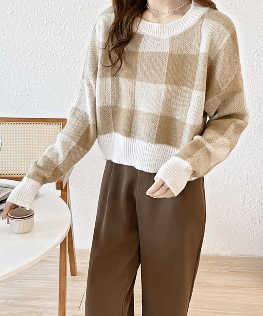 イエベ春/イエベ秋服　ブロックチェック柄ショート丈ニット