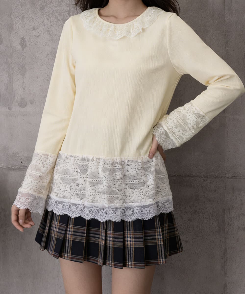 イエベ春服　レース切り替え長袖ティーシャツ女性らしいトップス