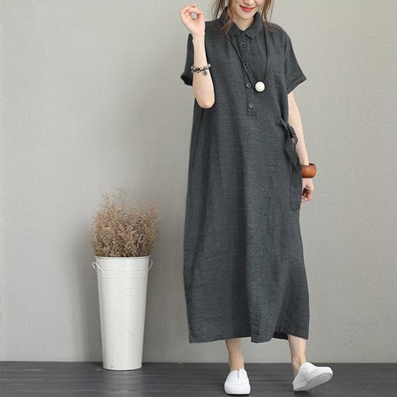 イエベ秋服　ナチュラルリネン調襟付き半袖ロングシャツワンピース