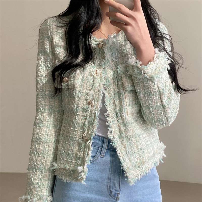 イエベ春/イエベ秋服　ツイード風フリンジトリムジャケット