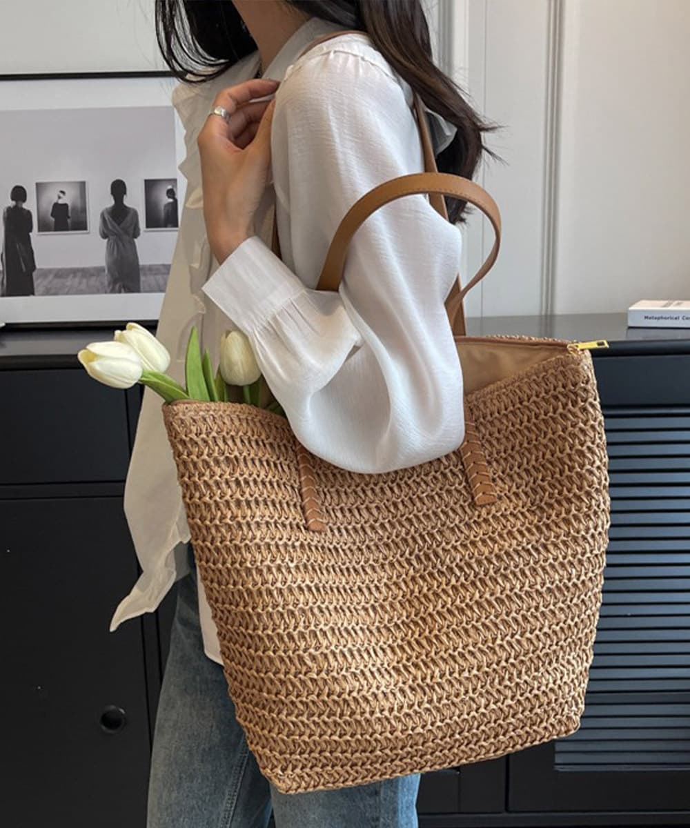 イエベ春/イエベ秋服　涼やか麦わらバッグ 大容量トートかごバッグ