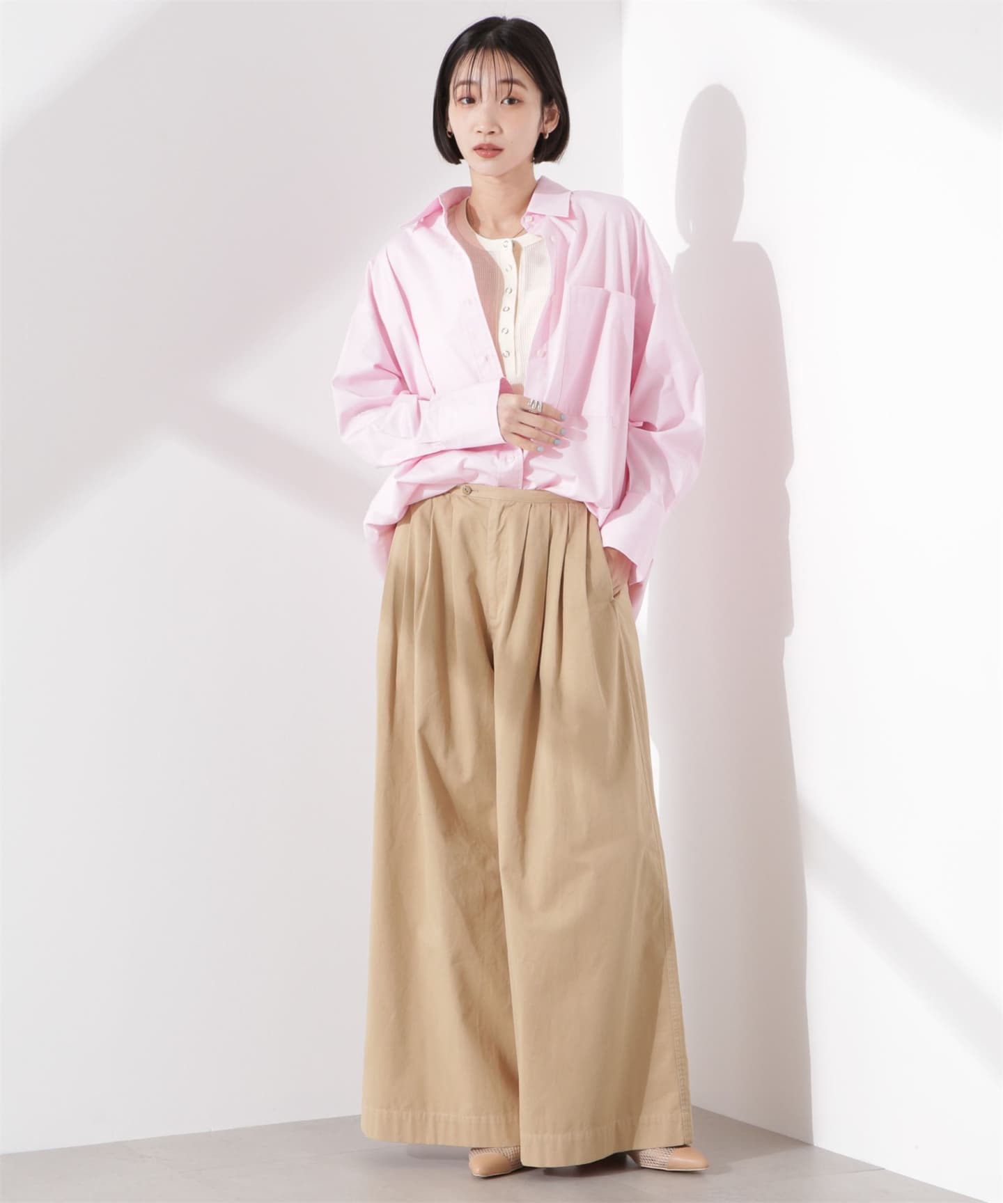 イエベ春/イエベ秋服　涼やかワッフル編みヘンリーネックＴシャツ