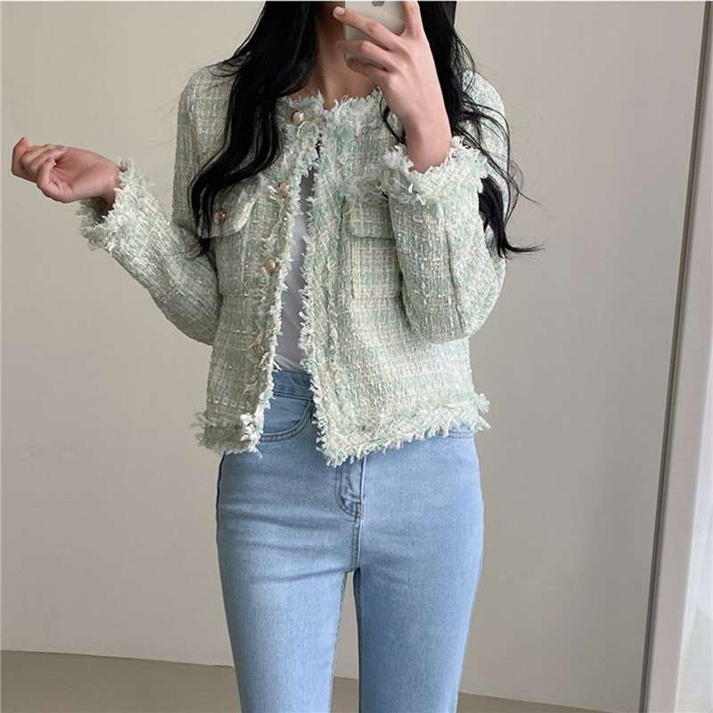 イエベ春/イエベ秋服　ツイード風フリンジトリムジャケット