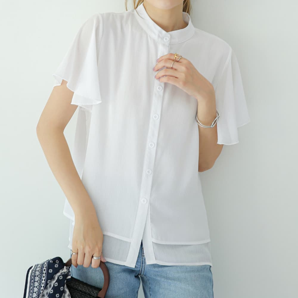 イエベ春/イエベ秋服　フレア袖 バンドカラーシャツブラウス