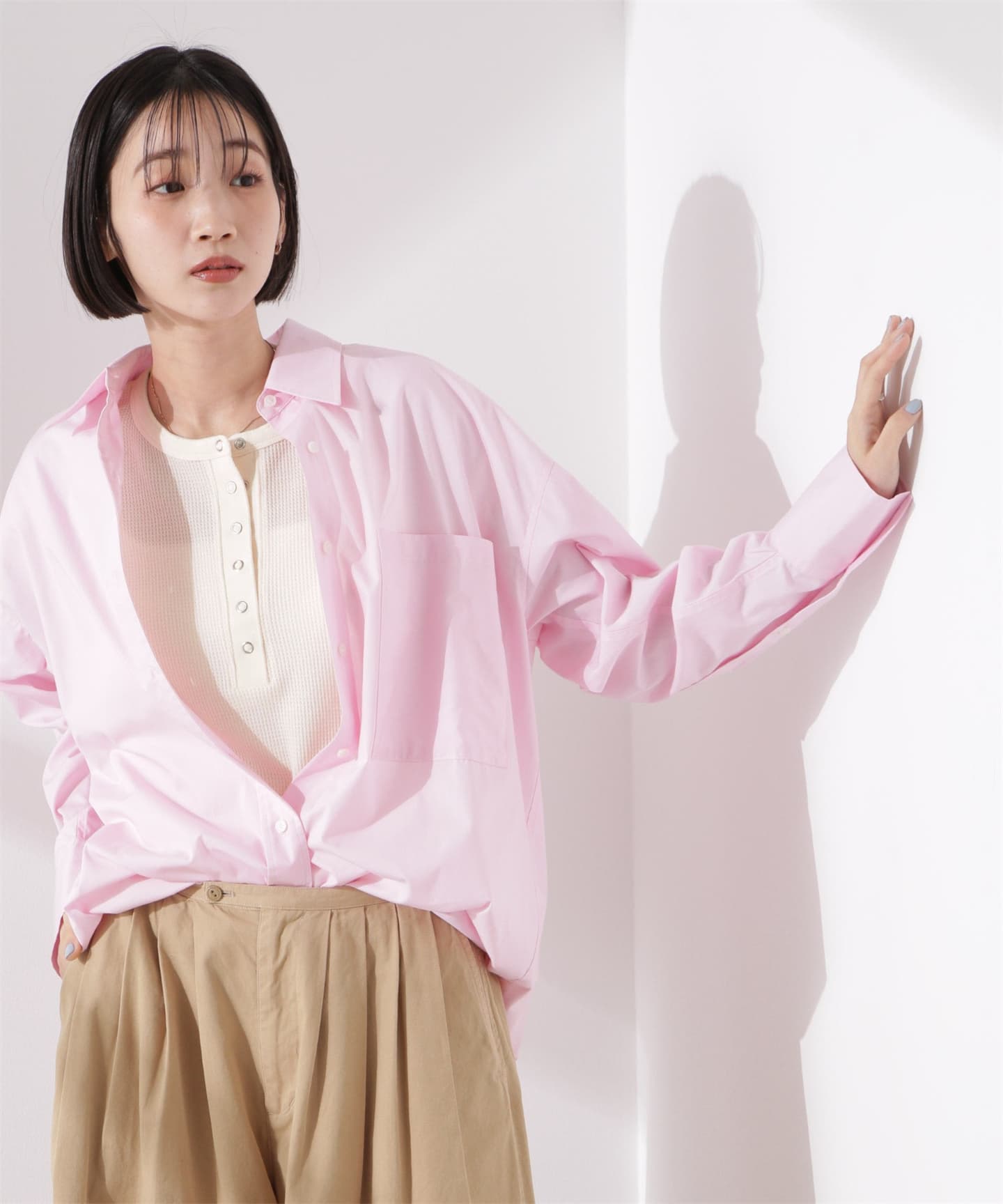 イエベ春/イエベ秋服　涼やかワッフル編みヘンリーネックＴシャツ