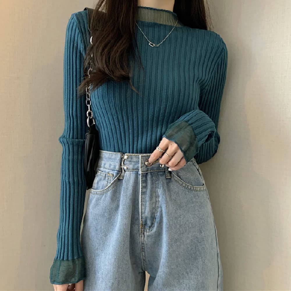 イエベ春/イエベ秋服　袖レース付きリブニット長袖セーター女性用
