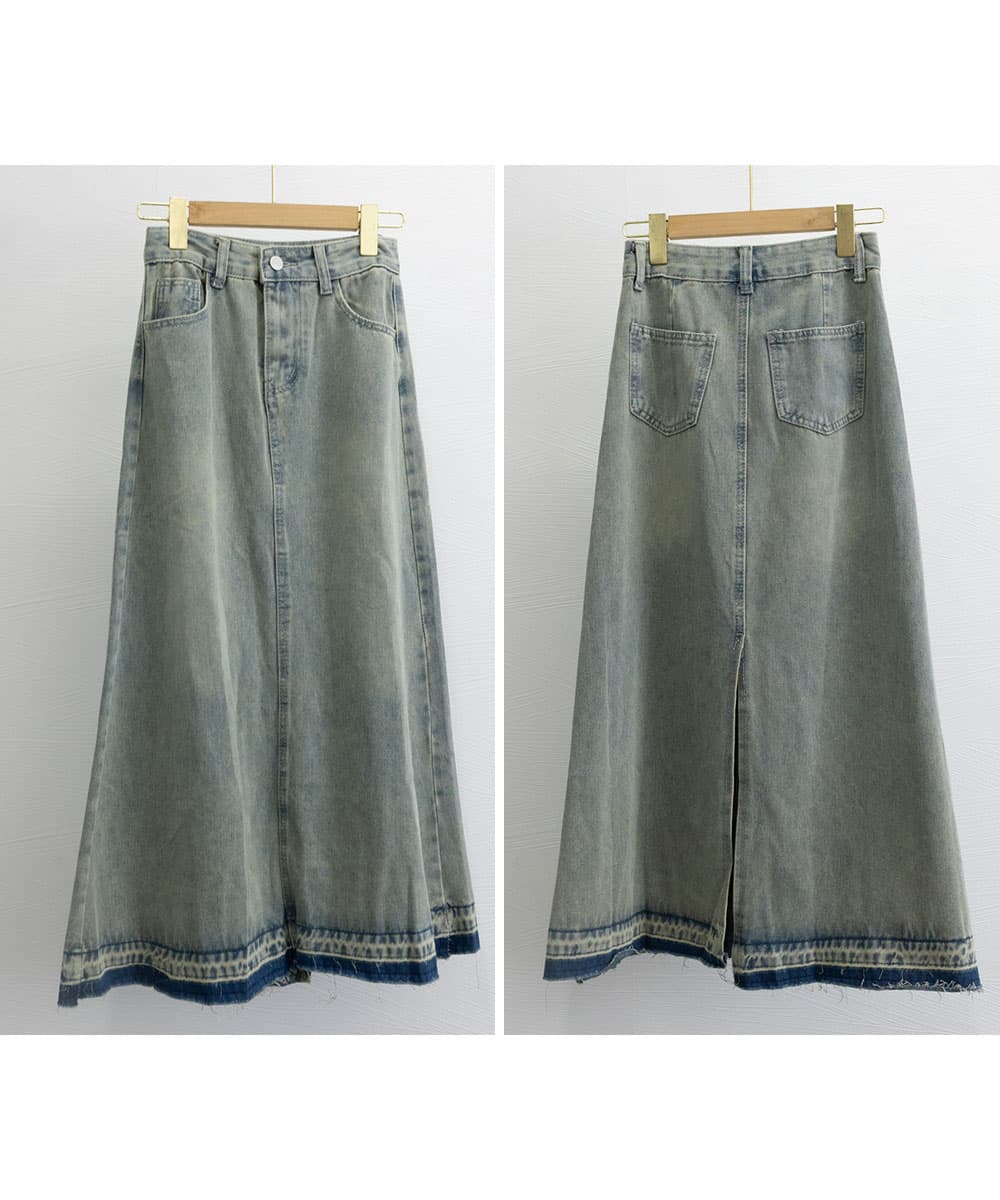 イエベ春/イエベ秋服　 切りっぱなし裾フリンジ長丈デニムスカート 韓国風