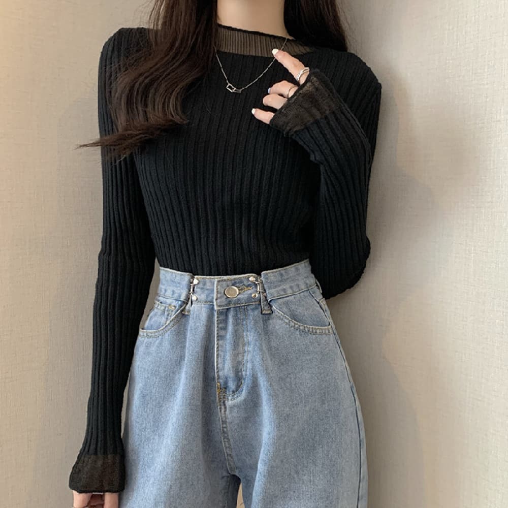 イエベ春/イエベ秋服　袖レース付きリブニット長袖セーター女性用
