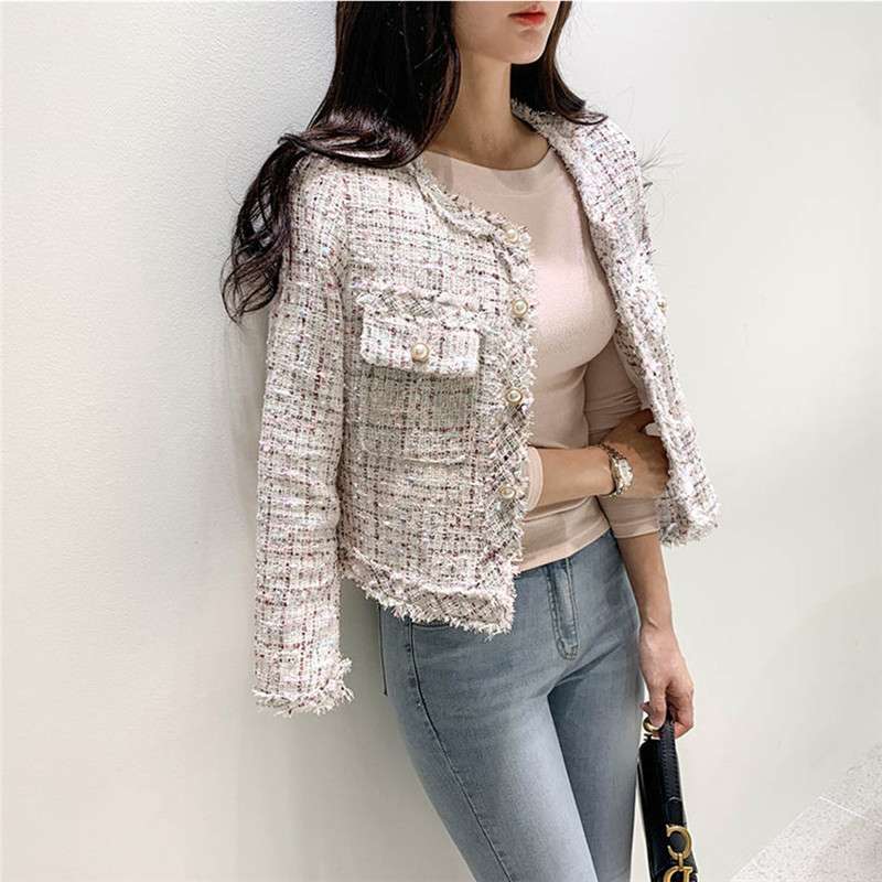 イエベ春/イエベ秋服　ツイード風フリンジトリムジャケット