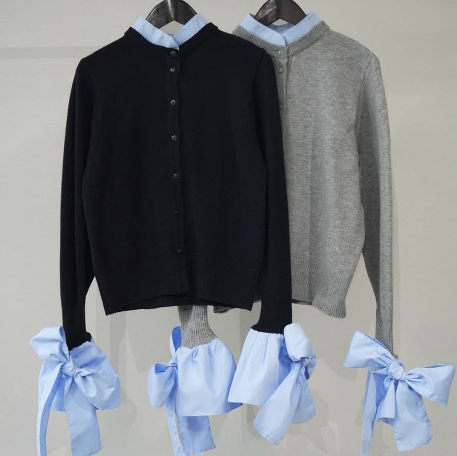 イエベ春服　リボン切り替えニットカーディガン重ね着風