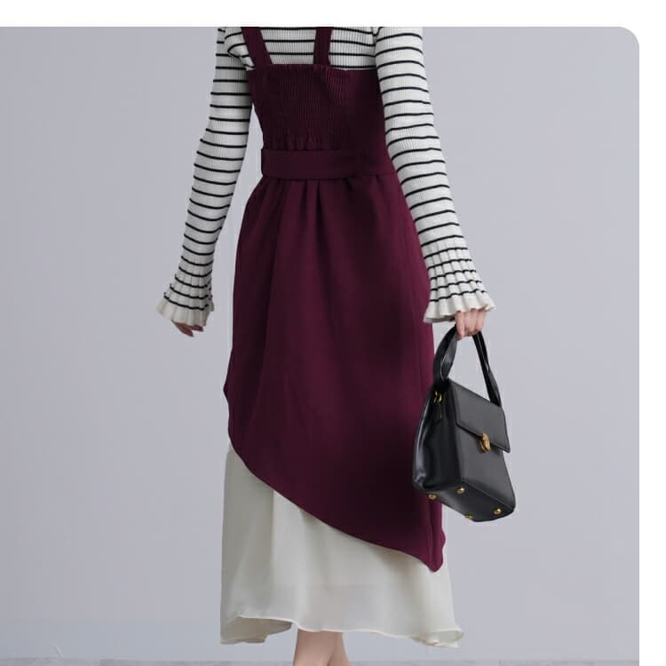 イエベ春/イエベ秋服　アシンメトリー重ね切替ワンピース